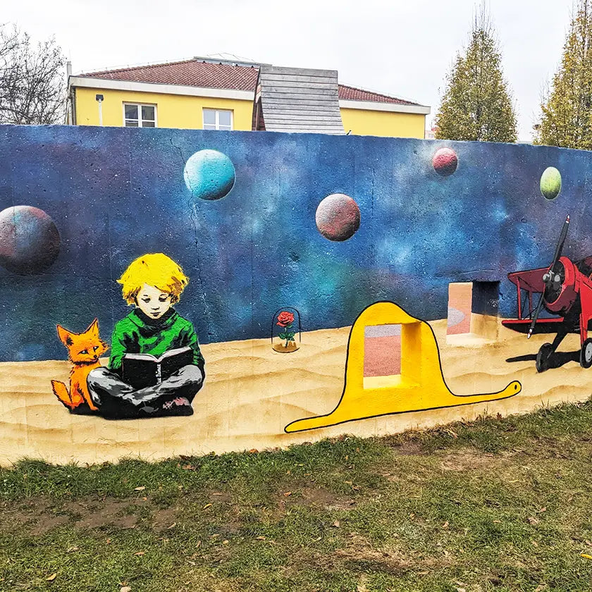 Street art Malý princ hřiště Lhotská Horní Počernice - moustache